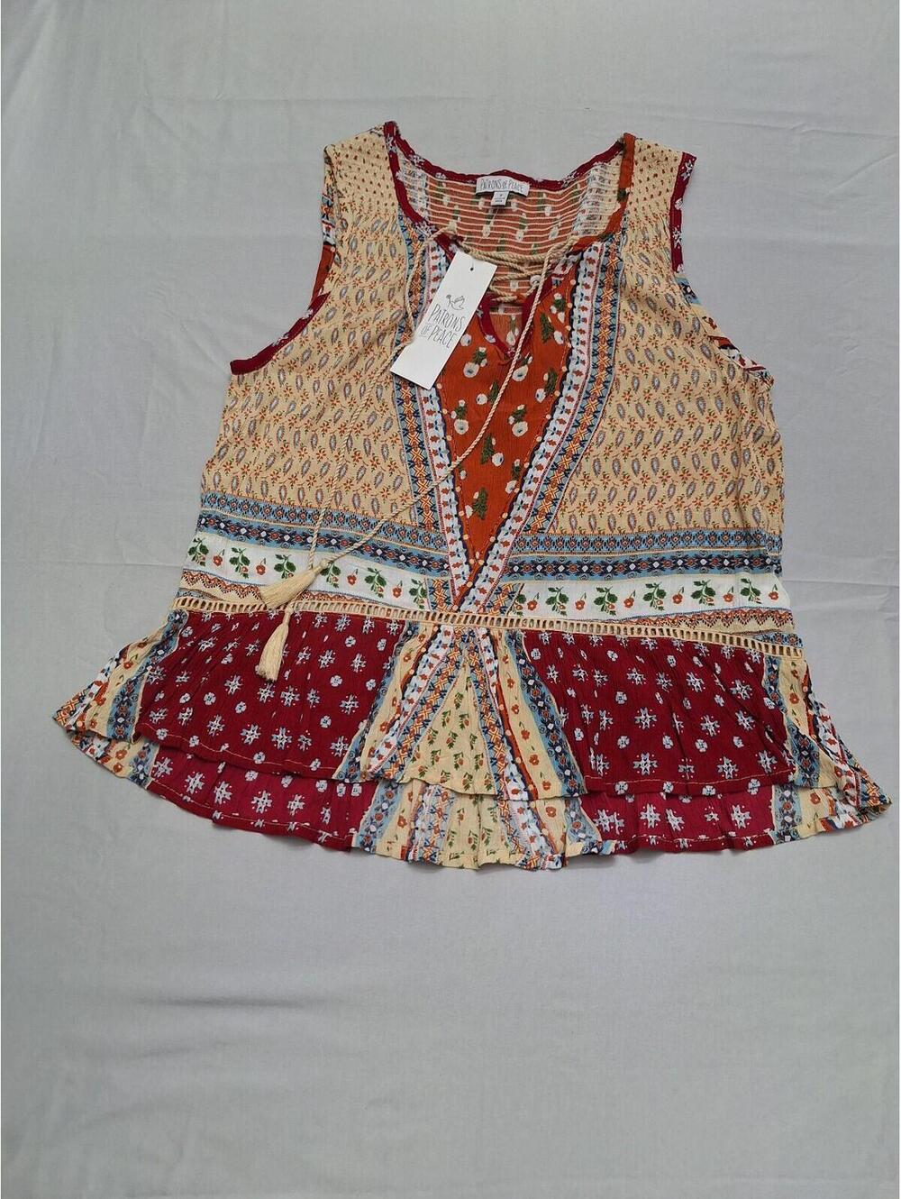 Patrons of Peace Boho flowy geometric patchwork style tank top with tassels, NWT
